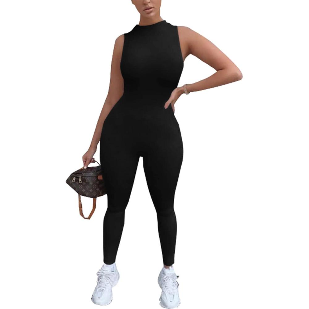 imagePRETTYGARDEN Womens Summer Bodycon Jumpsuits Casual Sleeveless One Piece Stretchy Tank Slim Fit Romper Pants BlackMedium