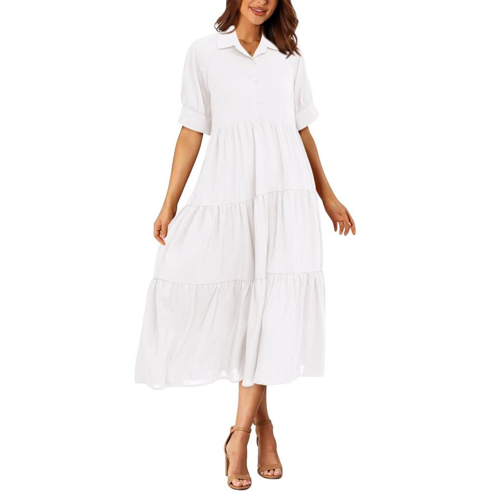 imagePRETTYGARDEN Womens Summer Long Dress Short Sleeve Lapel Casual Ruffle Flowy Maxi Dresses Solid WhiteSmall