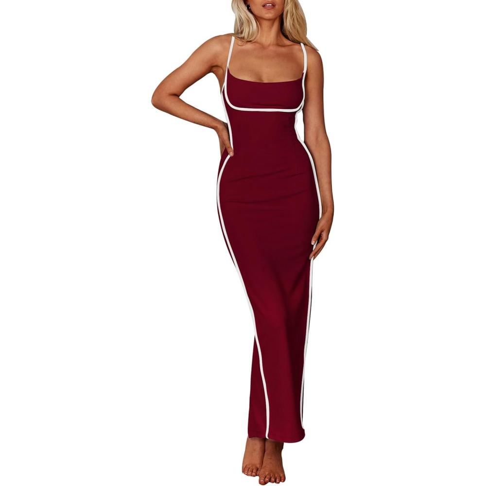 imagePRETTYGARDEN Womens Summer Slip Long Dresses Sexy Sleeveless Backless Bodycon Party Maxi Dress Wine RedMedium