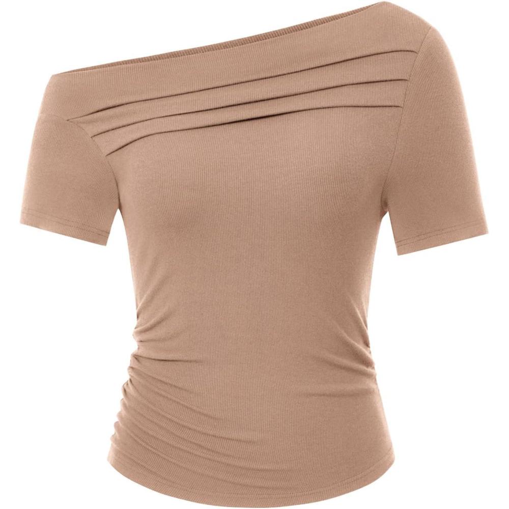 imagePRETTYGARDEN Womens Summer Trendy Y2K Crop Top Tee Casual Short Sleeve Asymmetrical Fitted Going Out T Shirts CamelLarge