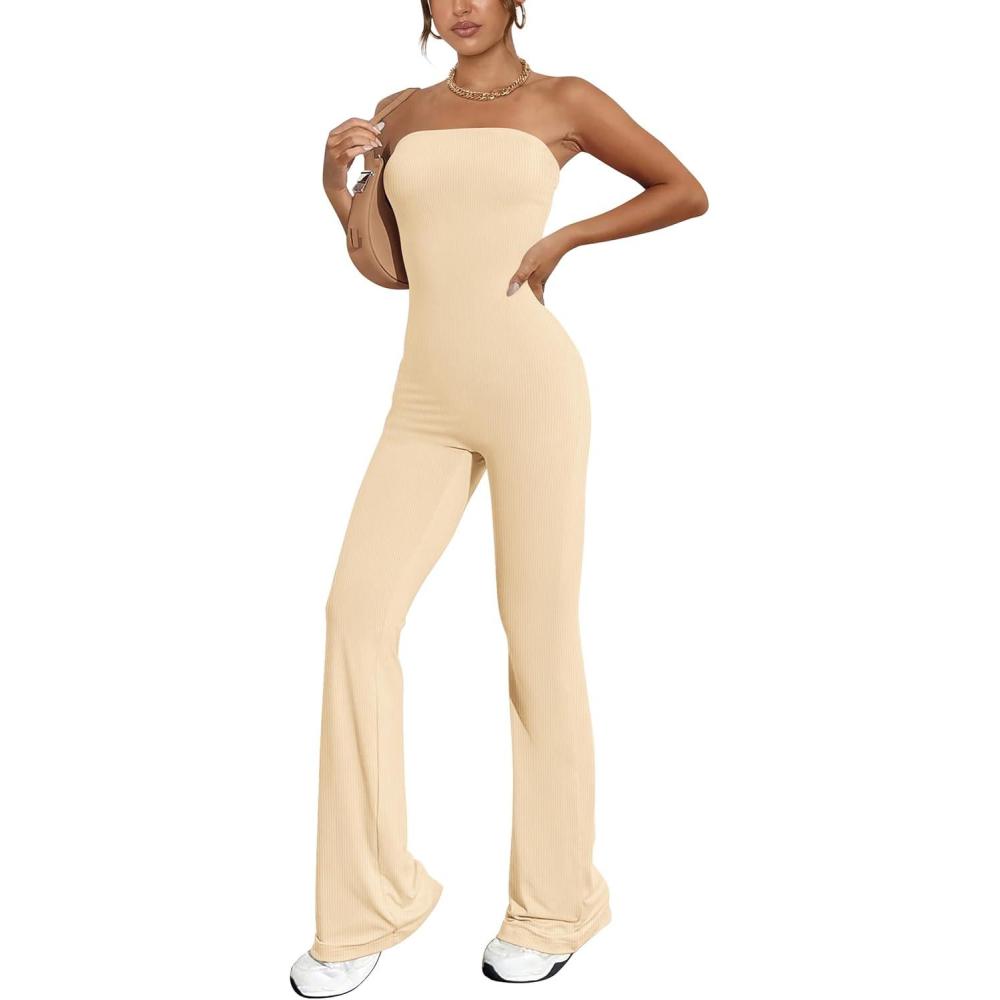 imagePRETTYGARDEN Womens Tube Bodycon Jumpsuits Dressy Casual Ribbed Sleeveless Flare Leg Pants Rompers BeigeMedium