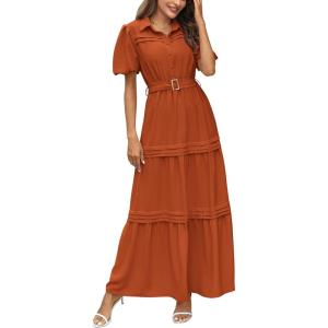 PRETTYGARDEN Summer Maxi Dresses for Women Puff Short Sleeve Lapel V Neck Belt Tiered A Line Ruffle Flowy Elegant Party Dress (Brick Red,Large)