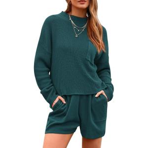 PRETTYGARDEN Women 2 Piece Tracksuit Set Casual Long Sleeve Pullover Top Lounge Shorts Knitted Sweater Outfit (Blue Green,Large)