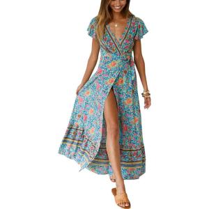 PRETTYGARDEN Women Boho Summer Side Split Deep V Neck Short Sleeves Maxi Dress with Belt