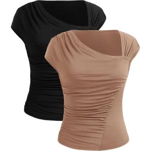 PRETTYGARDEN Women’s 2 Pack T Shirts Casual Summer Cap Sleeve Asymmetrical Ruched Fitted Y2K Tops Basic Tees (Black Khaki,Large)