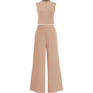 PRETTYGARDEN Women’s 2 Piece Lounge Sets Ribbed Knit Tank Tops Wide Leg Pants Matching Outfits (Khaki,Small)