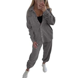 PRETTYGARDEN Women’s 2 Piece Outfits Casual Corduroy Long Sleeve Button Down Jacket and Pants Tracksuit with Pockets
