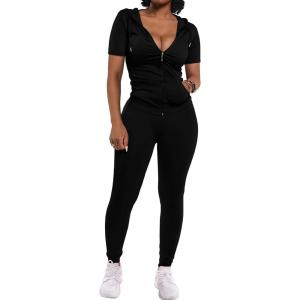 PRETTYGARDEN Women’s 2 Piece Outfits Short Sleeve Zip Up Hoodie Tops Long Pants Bodycon Sweatsuit Tracksuit Sets (Black,Medium)