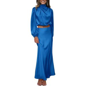 PRETTYGARDEN Women’s 2 Piece Satin Outfit Long Sleeve Mock Neck Crop Top Blouse High Waisted Maxi Skirt Dress Set