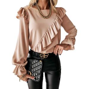 PRETTYGARDEN Women’s 2023 Spring Clothes Ruffle Trim Shirts Long Sleeve Round Neck Casual Plain Tops Blouse (Apricot,Medium)