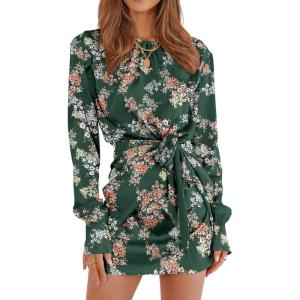PRETTYGARDEN Women’s 2023 Spring Satin Dress Long Sleeve Tie Waist Elegant Cocktail Party Mini Dresses(Print Dark Green Pink Floral)
