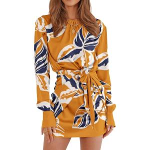 PRETTYGARDEN Women’s 2023 Spring Satin Dress Long Sleeve Tie Waist Elegant Cocktail Party Mini Dresses(Print Yellow Big Leaves)