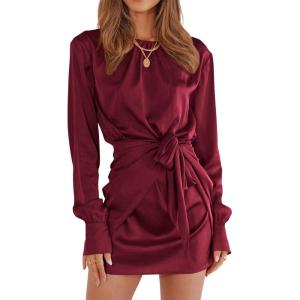 PRETTYGARDEN Women’s 2023 Spring Satin Dress Long Sleeve Tie Waist Elegant Cocktail Party Mini Dresses(Wine Red)