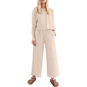 PRETTYGARDEN Women’s 2024 Fall 2 Piece Outfit Tracksuits Casual Linen Long Sleeve Tops And Wide Leg Pants Lounge Sets (Beige,Large)