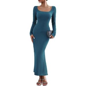 PRETTYGARDEN Women’s 2024 Fall Maxi Bodycon Dress Long Sleeve Square Neck Long Fitted Mermaid Dresses