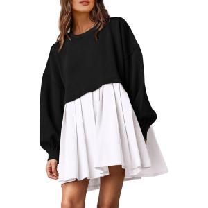 PRETTYGARDEN Womens 2024 Fall Oversized Sweatshirt Dress Long Sleeve Crewneck Pullover Mini Dresses (Black White,Medium)