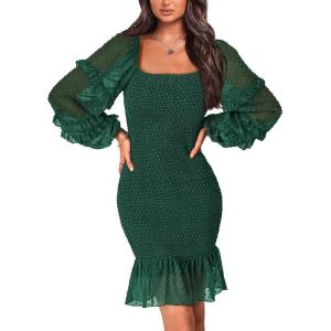 PRETTYGARDEN Womens 2024 Fall Smocked Bodycon Mini Dress Long Sleeve Square Neck Swiss Dot Ruffle Mermaid Elegant Dresses
