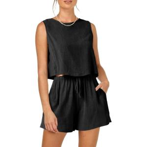 PRETTYGARDEN Women’s 2024 Summer 2 Piece Outfits Casual Button Back Crop Tank Tops and High Waist Shorts Set (Black,Large)