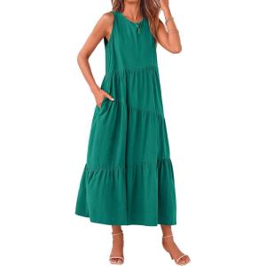 PRETTYGARDEN Women’s 2024 Summer Casual Midi Dress Sleeveless Long Flowy Tiered Cute Vacation Beach Sundresses with Pockets (Brilliant Green,Medium)
