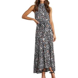 PRETTYGARDEN Women’s Halter Neck Floral Long Maxi Dress Casual Sleeveless Backless Dresses Loose Ruffle Sundress with Belt(Black Leopard)