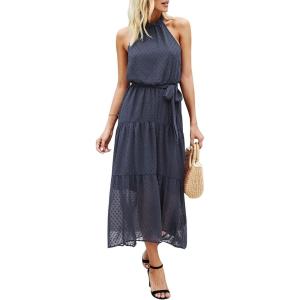 PRETTYGARDEN Women’s Halter Neck Floral Long Maxi Dress Casual Sleeveless Backless Dresses Loose Ruffle Sundress with Belt(Purple Grey)