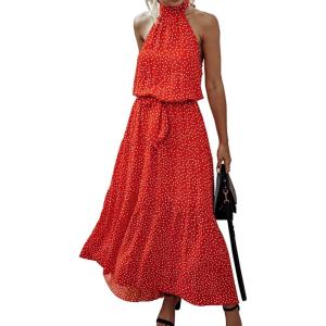 PRETTYGARDEN Women’s Halter Neck Floral Long Maxi Dress Casual Sleeveless Backless Dresses Loose Ruffle Sundress with Belt(Red)