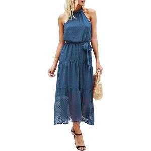 PRETTYGARDEN Women’s Halter Neck Floral Long Maxi Dress Casual Sleeveless Backless Dresses Loose Ruffle Sundress with Belt(Solid Grey Blue)