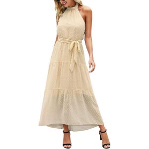 PRETTYGARDEN Women’s Halter Neck Floral Long Maxi Dress Casual Sleeveless Backless Dresses Loose Ruffle Sundress with Belt(Solid Light Yellow)