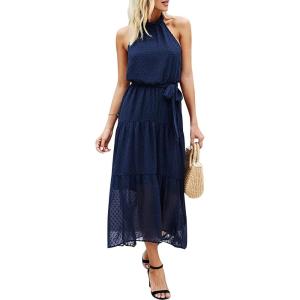 PRETTYGARDEN Women’s Halter Neck Floral Long Maxi Dress Casual Sleeveless Backless Dresses Loose Ruffle Sundress with Belt(Solid Navy)