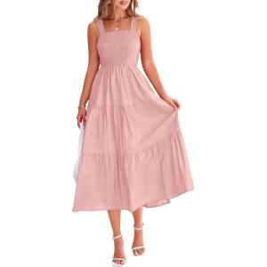 PRETTYGARDEN Womens Smocked Midi Dress 2025 Summer Ruffle A Line Long Flowy Dresses Cute Sleeveless Beach Sundress (Pink,Small)