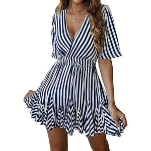 PRETTYGARDEN Women’s Summer Deep V Neck Short Sleeve Striped Wrap Ruffle Hem Pleated Mini Dress(Navy)
