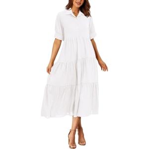 PRETTYGARDEN Women’s Summer Long Dress Short Sleeve Lapel Casual Ruffle Flowy Maxi Dresses (Solid White,Small)