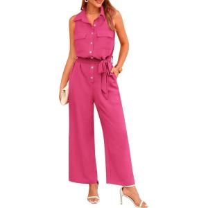 PRETTYGARDEN Womens Summer One Piece Outfits Casual Sleeveless Jumpsuits Wide Leg Pants Rompers (Rose Red,Medium)