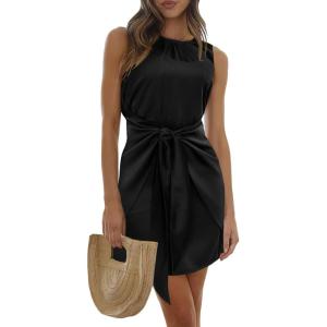 PRETTYGARDEN Women’s Summer Satin Dress Sleeveless Tie Waist Elegant Cocktail Party Mini Tank Dresses (Sleeveless Black,Large)