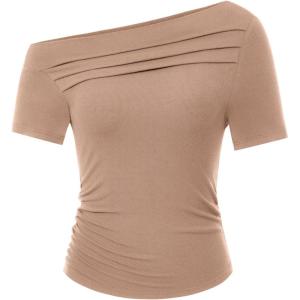 PRETTYGARDEN Women’s Summer Trendy Y2K Crop Top Tee Casual Short Sleeve Asymmetrical Fitted Going Out T Shirts (Camel,Large)