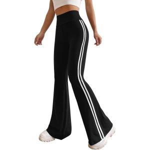 PRETTYGARDEN Women’s Summer Yoga Pants High Waisted Sweatpants Casual Striped Bootcut Flare Workout Leggings (Striped Black,Medium)