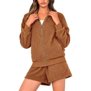PRETTYGARDEN Women’s Two Piece Tracksuit Outfits 2024 Fall Zip Up Fleece Jacket And Shorts Matching Lounge Sets (Brown,Medium)