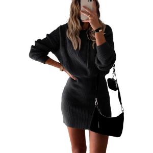 PRETTYGARDEN Women’s Winter Rib Knit Pullover Sweater 2024 Fashion Fall Dresses Long Sleeve Hooded Bodycon Dress (Black,Small)