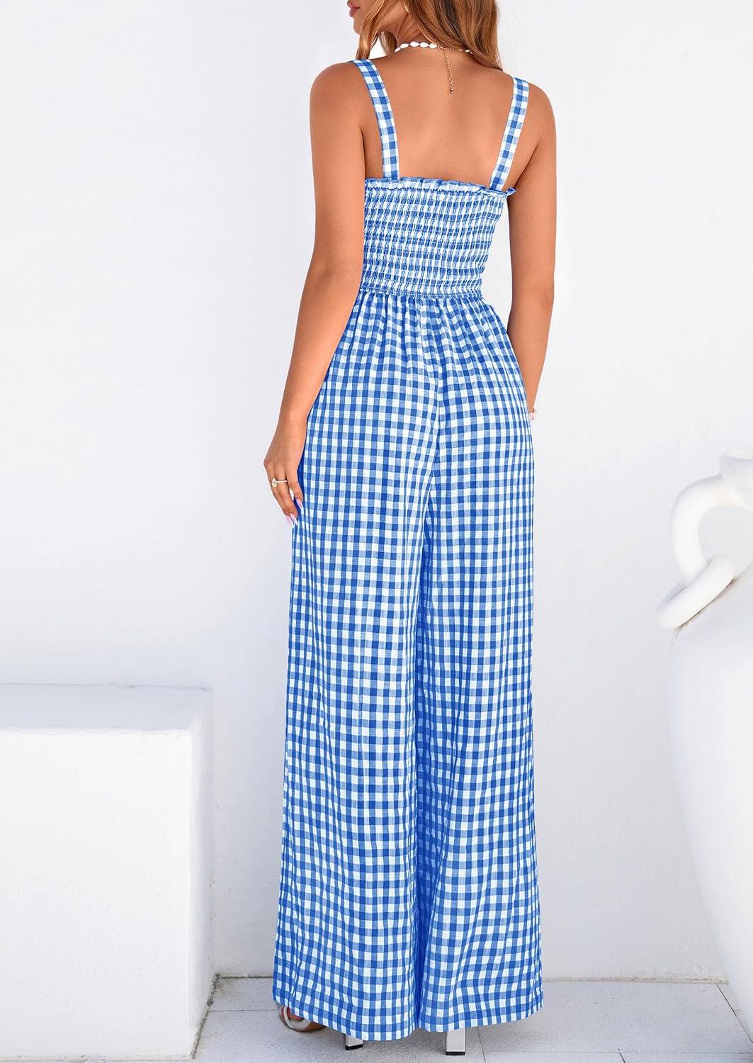 imagePRETTYGARDEN One Piece Jumpsuits for Women Casual Summer Cruise Outfits 2026 Spring Fashion Smocked Wide Leg Gingham RompersBlue
