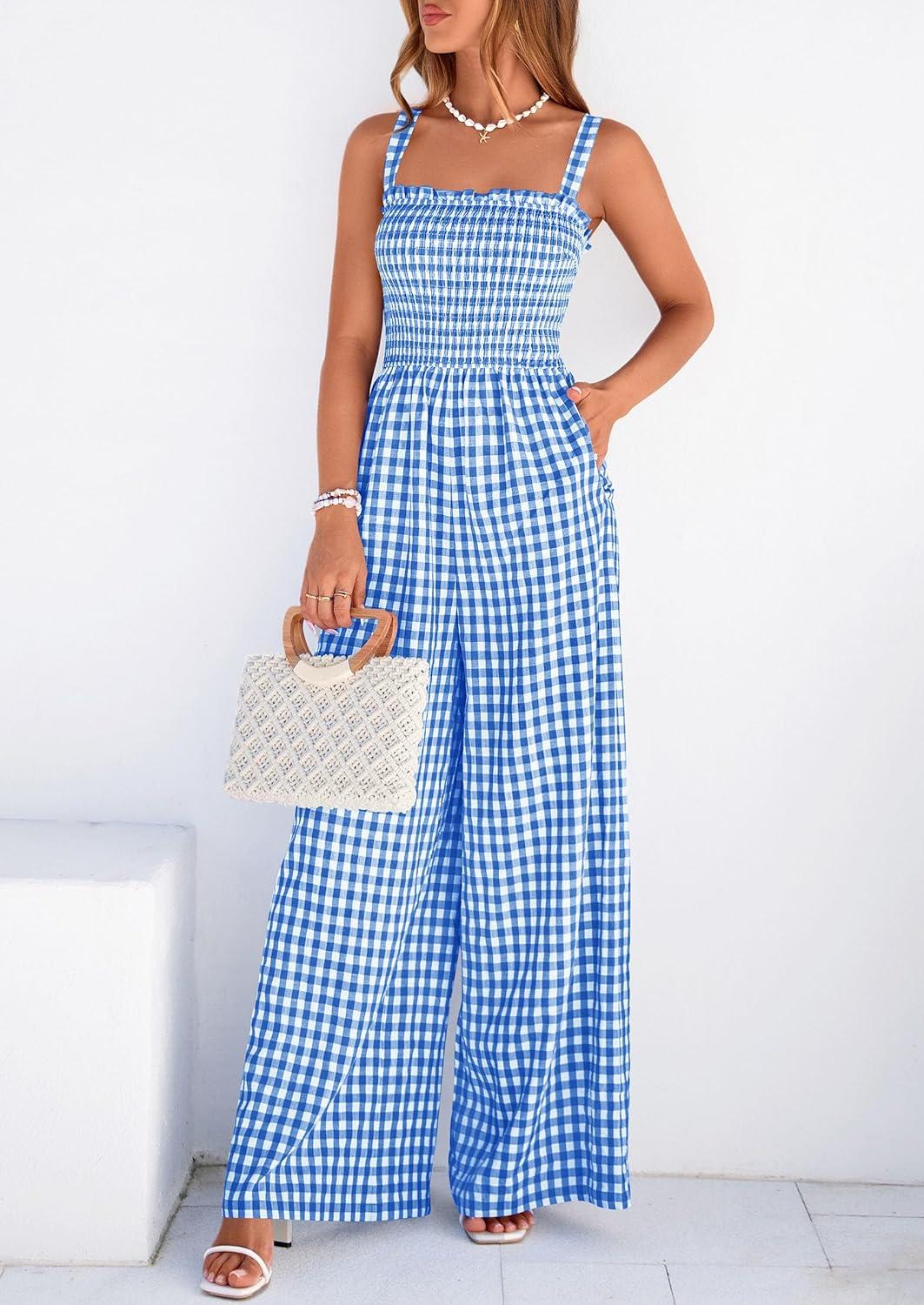 imagePRETTYGARDEN One Piece Jumpsuits for Women Casual Summer Cruise Outfits 2026 Spring Fashion Smocked Wide Leg Gingham RompersBlue