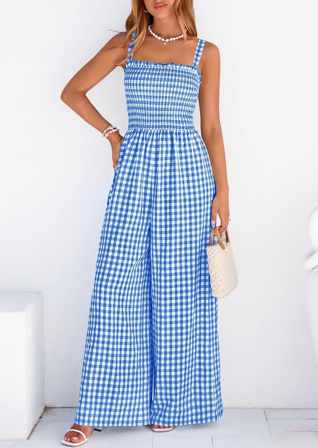 imagePRETTYGARDEN One Piece Jumpsuits for Women Casual Summer Cruise Outfits 2026 Spring Fashion Smocked Wide Leg Gingham RompersBlue