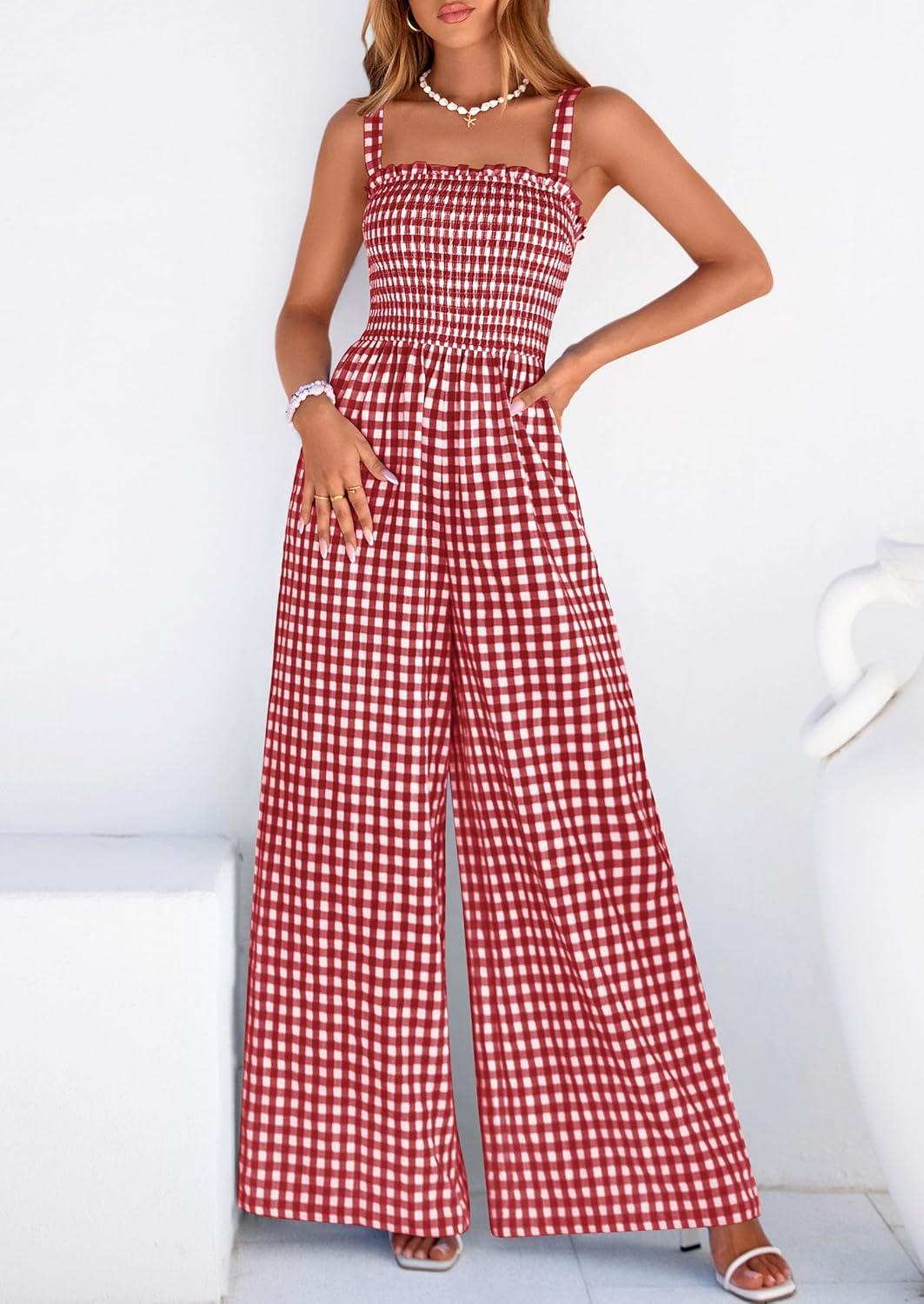 imagePRETTYGARDEN One Piece Jumpsuits for Women Casual Summer Cruise Outfits 2026 Spring Fashion Smocked Wide Leg Gingham RompersBurgundy