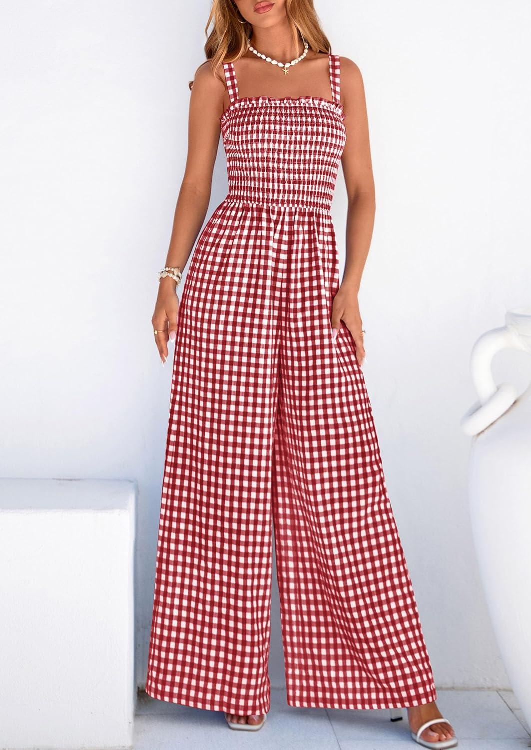 imagePRETTYGARDEN One Piece Jumpsuits for Women Casual Summer Cruise Outfits 2026 Spring Fashion Smocked Wide Leg Gingham RompersBurgundy