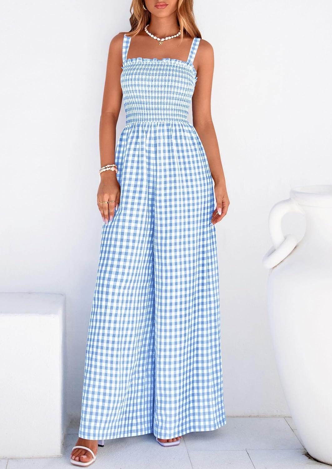 imagePRETTYGARDEN One Piece Jumpsuits for Women Casual Summer Cruise Outfits 2026 Spring Fashion Smocked Wide Leg Gingham RompersLight Blue