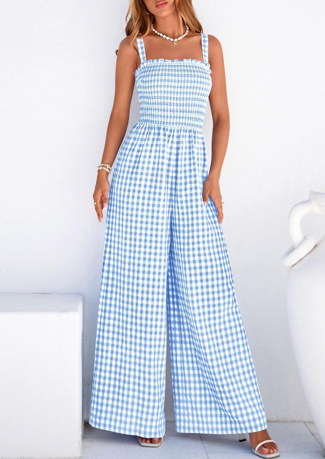 imagePRETTYGARDEN One Piece Jumpsuits for Women Casual Summer Cruise Outfits 2026 Spring Fashion Smocked Wide Leg Gingham RompersLight Blue