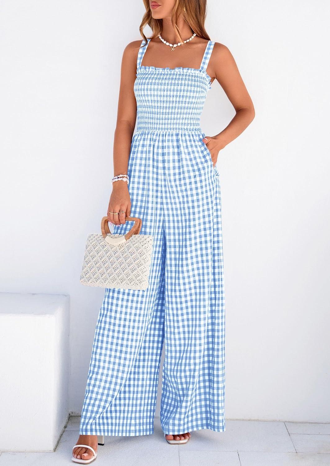 imagePRETTYGARDEN One Piece Jumpsuits for Women Casual Summer Cruise Outfits 2026 Spring Fashion Smocked Wide Leg Gingham RompersLight Blue