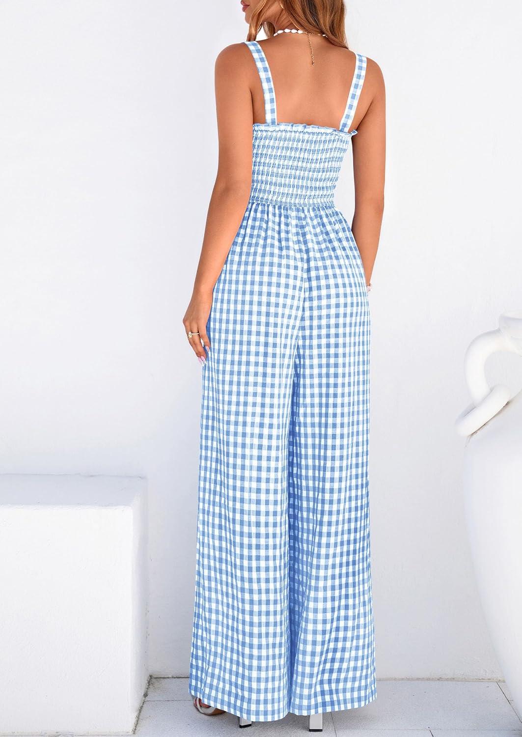imagePRETTYGARDEN One Piece Jumpsuits for Women Casual Summer Cruise Outfits 2026 Spring Fashion Smocked Wide Leg Gingham RompersLight Blue