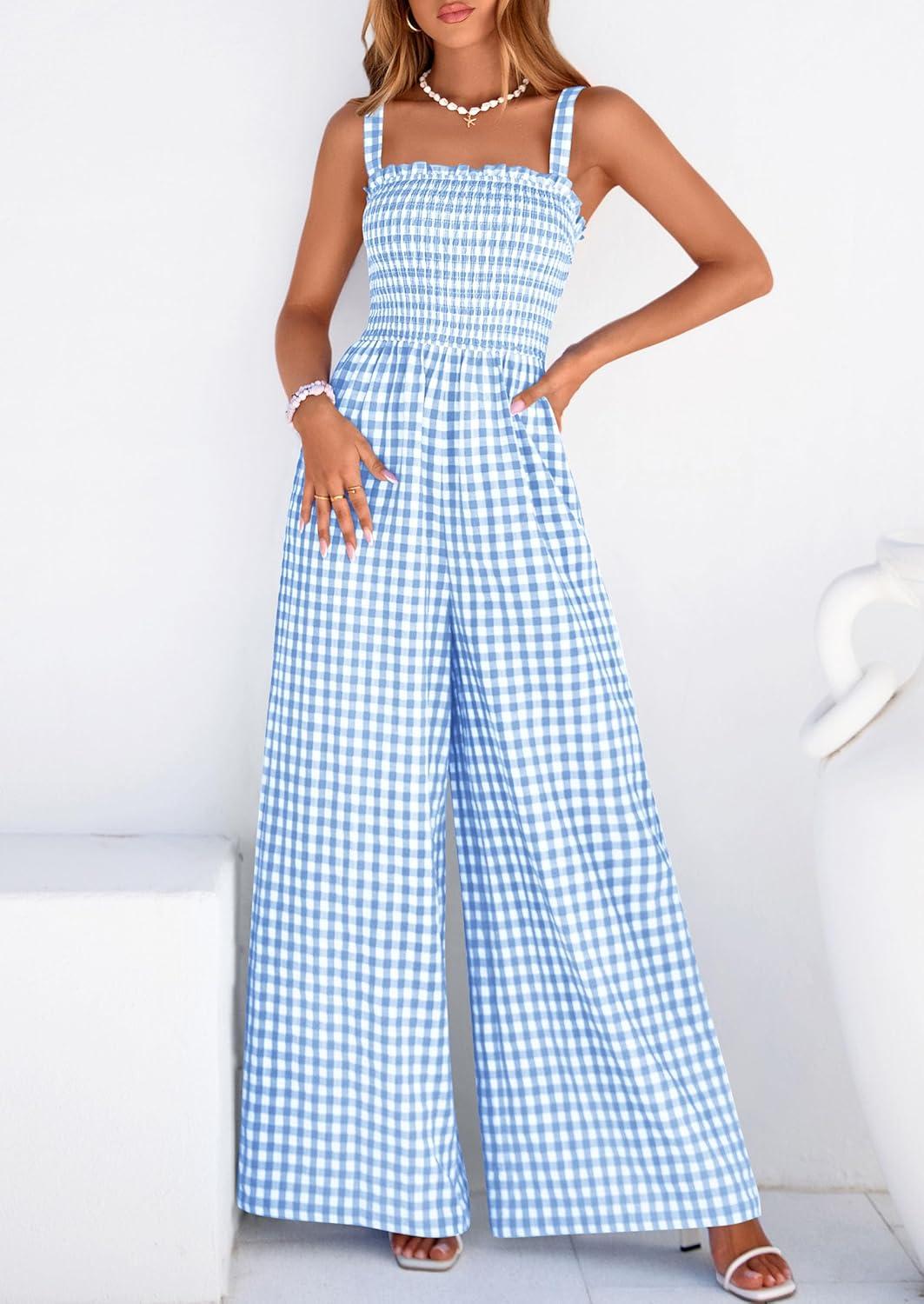 imagePRETTYGARDEN One Piece Jumpsuits for Women Casual Summer Cruise Outfits 2026 Spring Fashion Smocked Wide Leg Gingham RompersLight Blue