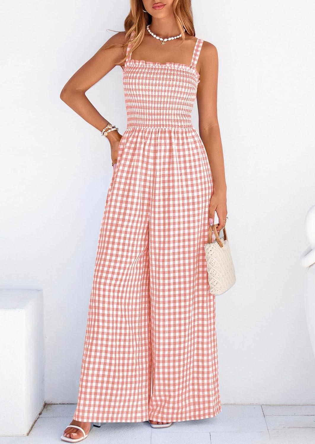 imagePRETTYGARDEN One Piece Jumpsuits for Women Casual Summer Cruise Outfits 2026 Spring Fashion Smocked Wide Leg Gingham RompersLight Pink
