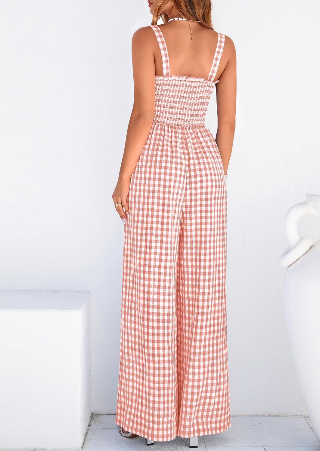 imagePRETTYGARDEN One Piece Jumpsuits for Women Casual Summer Cruise Outfits 2026 Spring Fashion Smocked Wide Leg Gingham RompersLight Pink